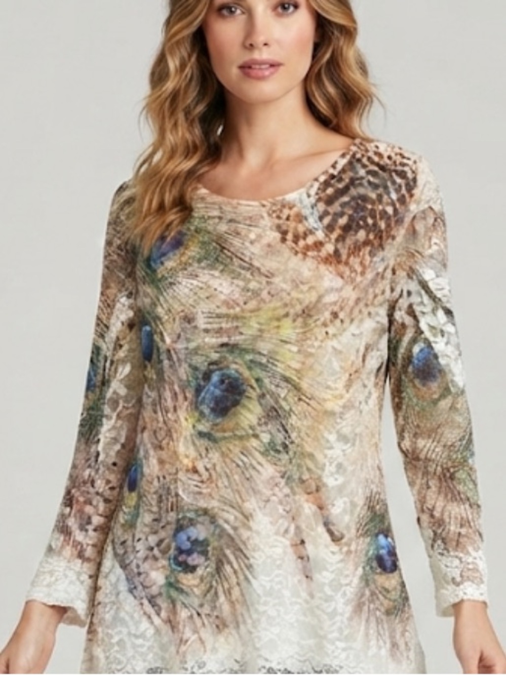 Cal Style Peacock Print Jeweled Long Sleeve Top - White Multi Size Medium